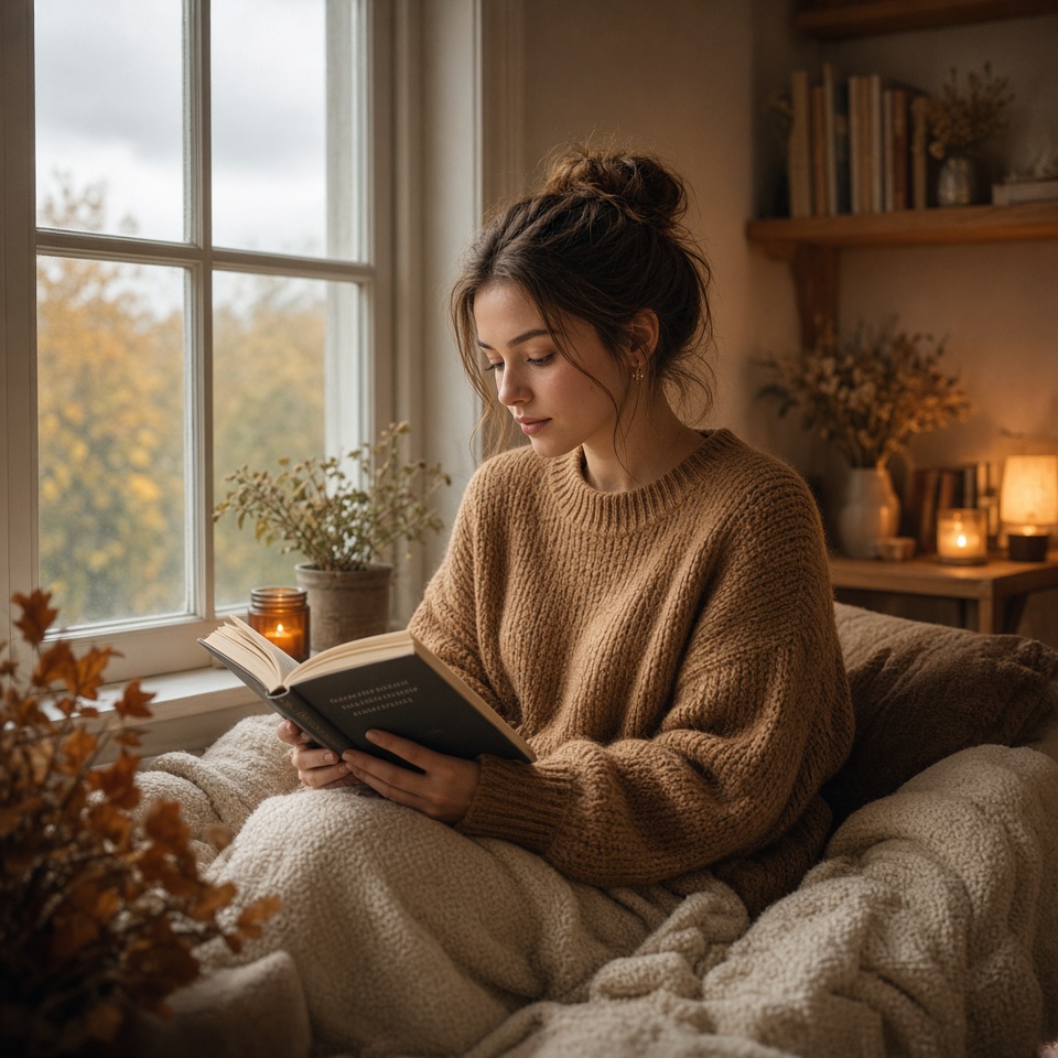 young woman reading a book by a large wi…