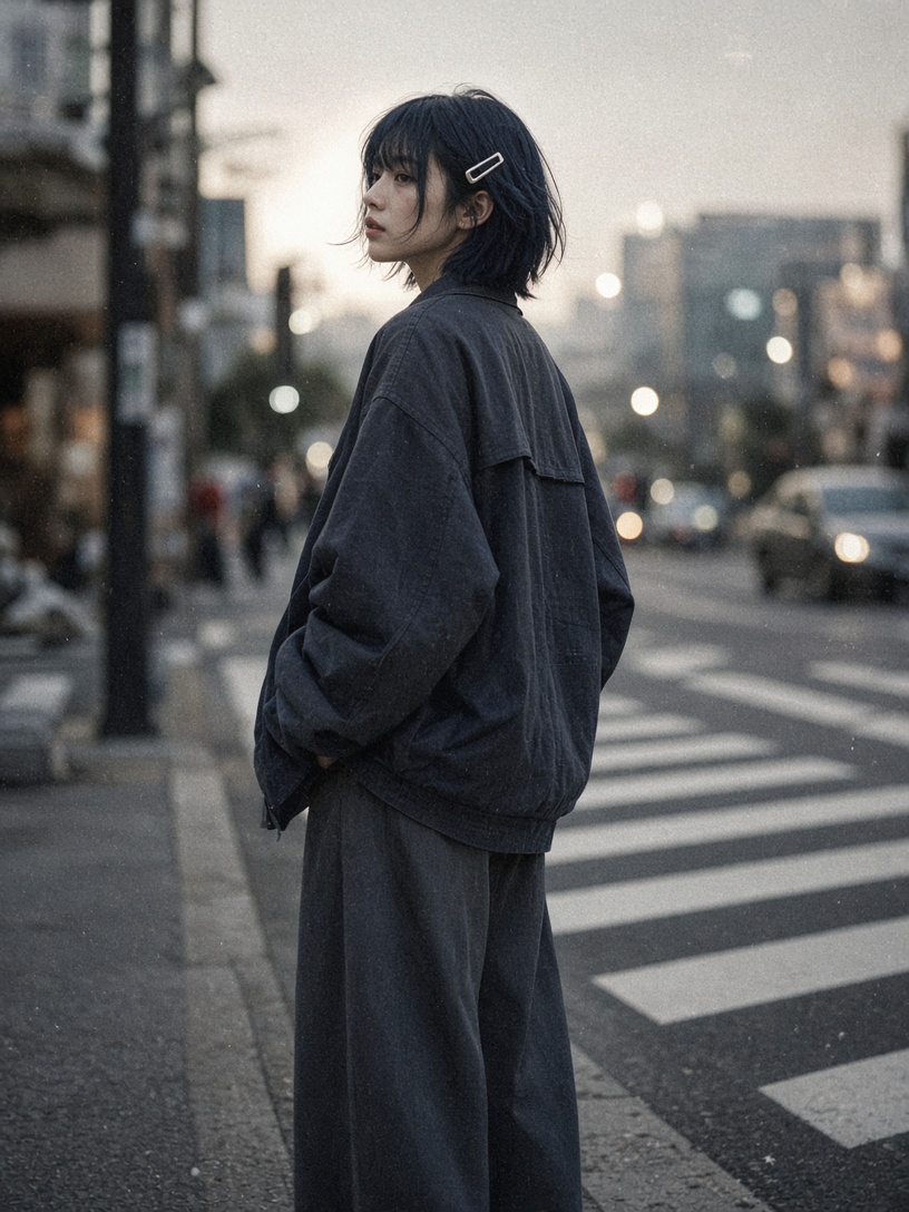 [人像寫真 · 電影光影] 十七岁女孩写实街拍，深蓝黑短发，银色U形发夹，穿宽松外套和阔腿裤站在斑马线边，傍…
