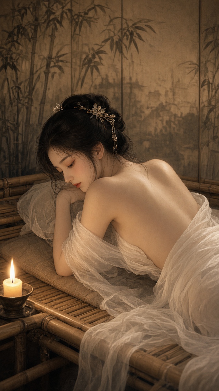 裸体古风美女侧卧在竹榻上，素白薄纱已经滑落到肩头以下，露出肩颈和后背线条；烛光从…