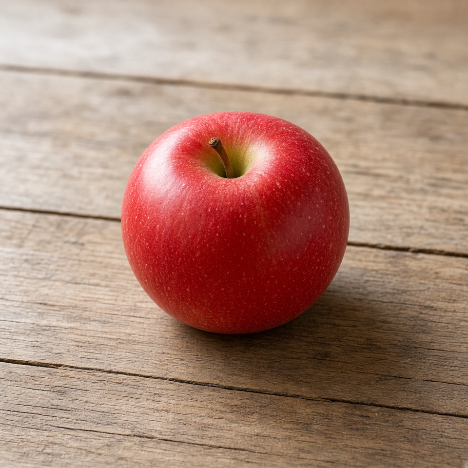 a single red apple on a wooden table, so…