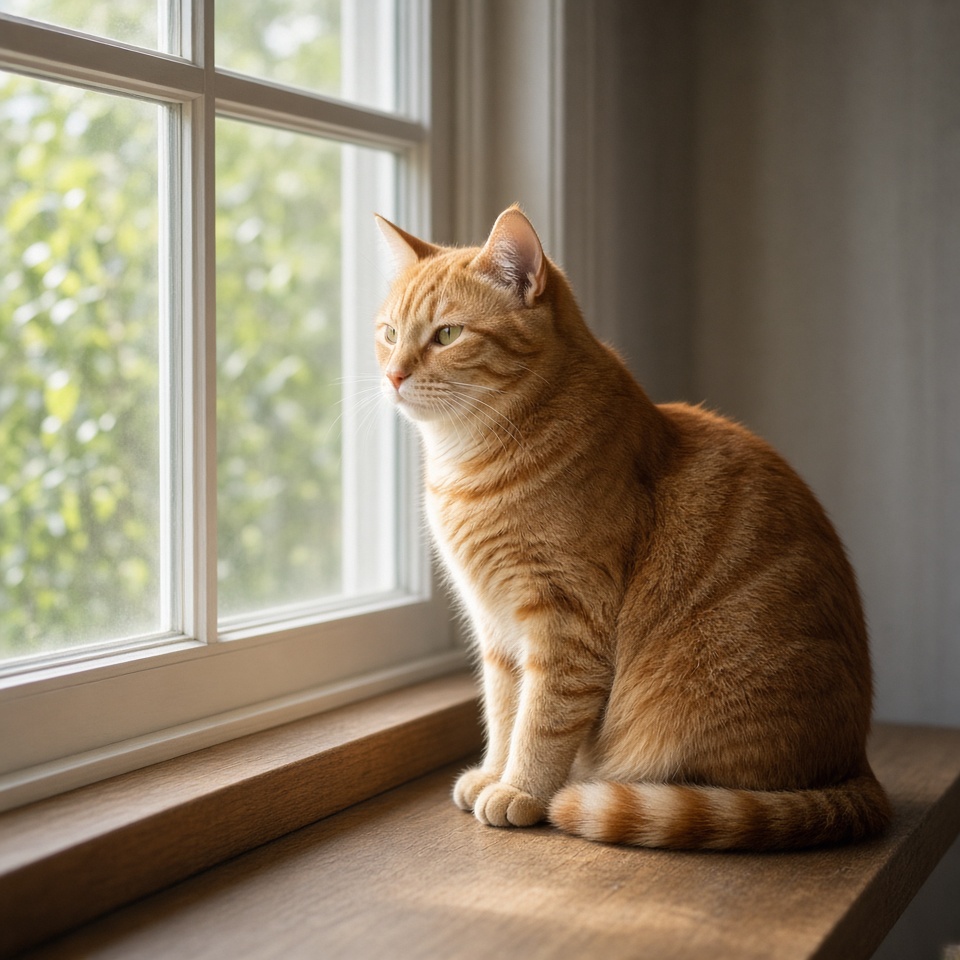 一只坐在窗边的橘猫，清晨自然光，写实摄影
