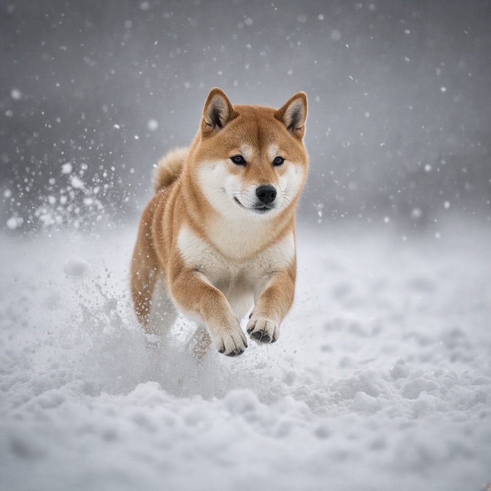 一只柴犬在雪地里奔跑，慢动作，电影感