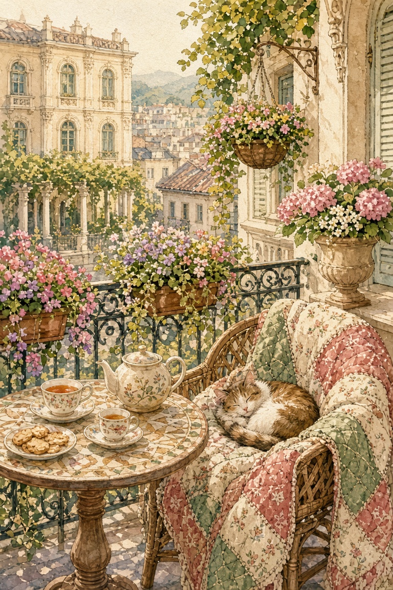 summer, a balcony with colorfull flowers…