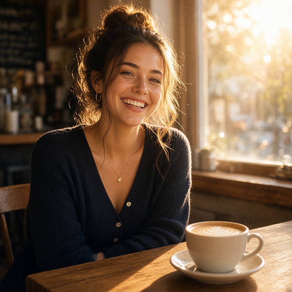 beautiful young woman in a sunlit cafe,…