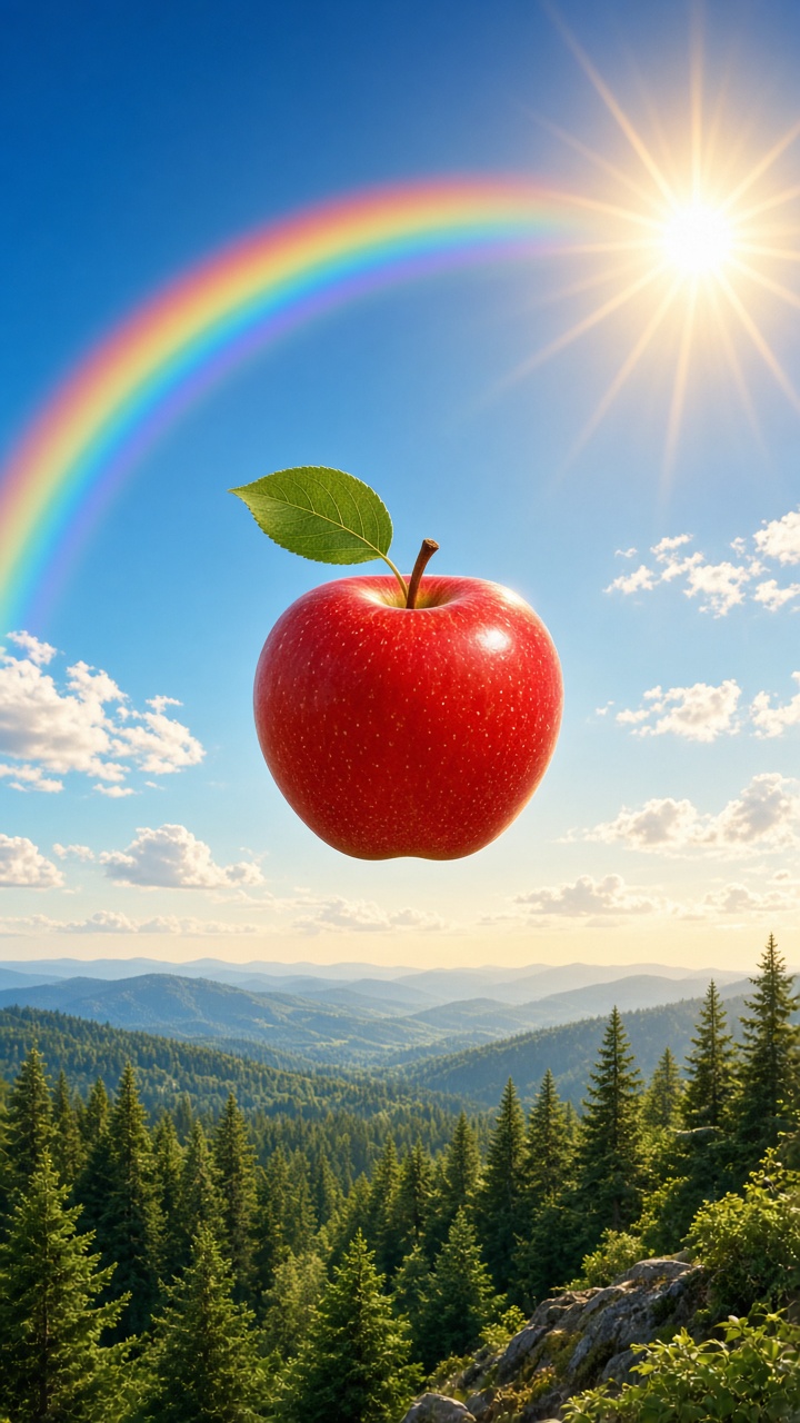 An apple floating in air. Rainbow in sky…