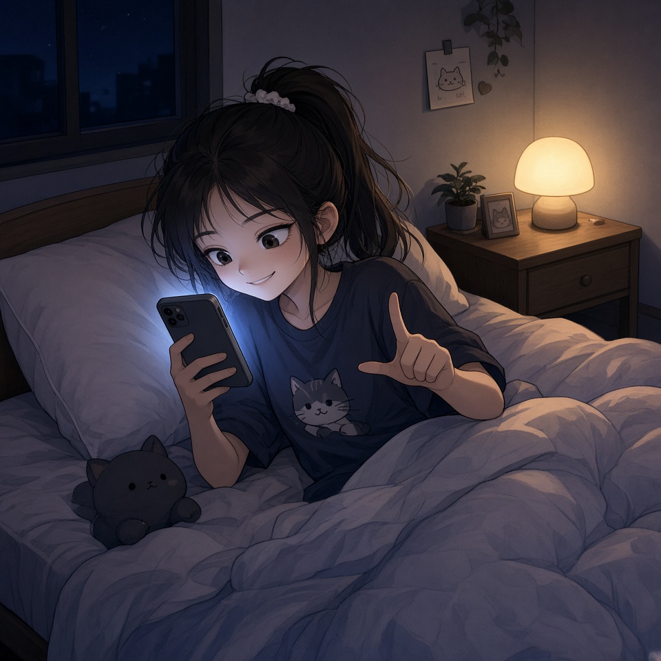 深夜床上，一个扎高马尾的年轻女生半躺着刷手机，手机屏幕的冷蓝色光打在她脸上，嘴角…