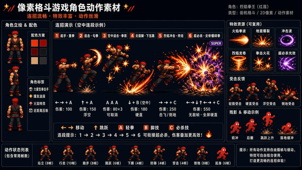 生成一套用于像素格斗游戏的角色动作动画素材，连招流畅带有特效，