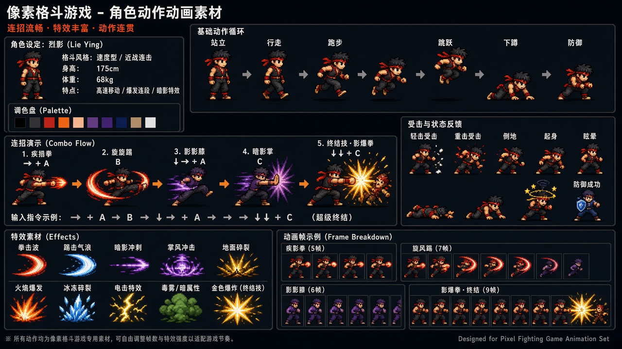 生成一套用于像素格斗游戏的角色动作动画素材，连招流畅带有特效，