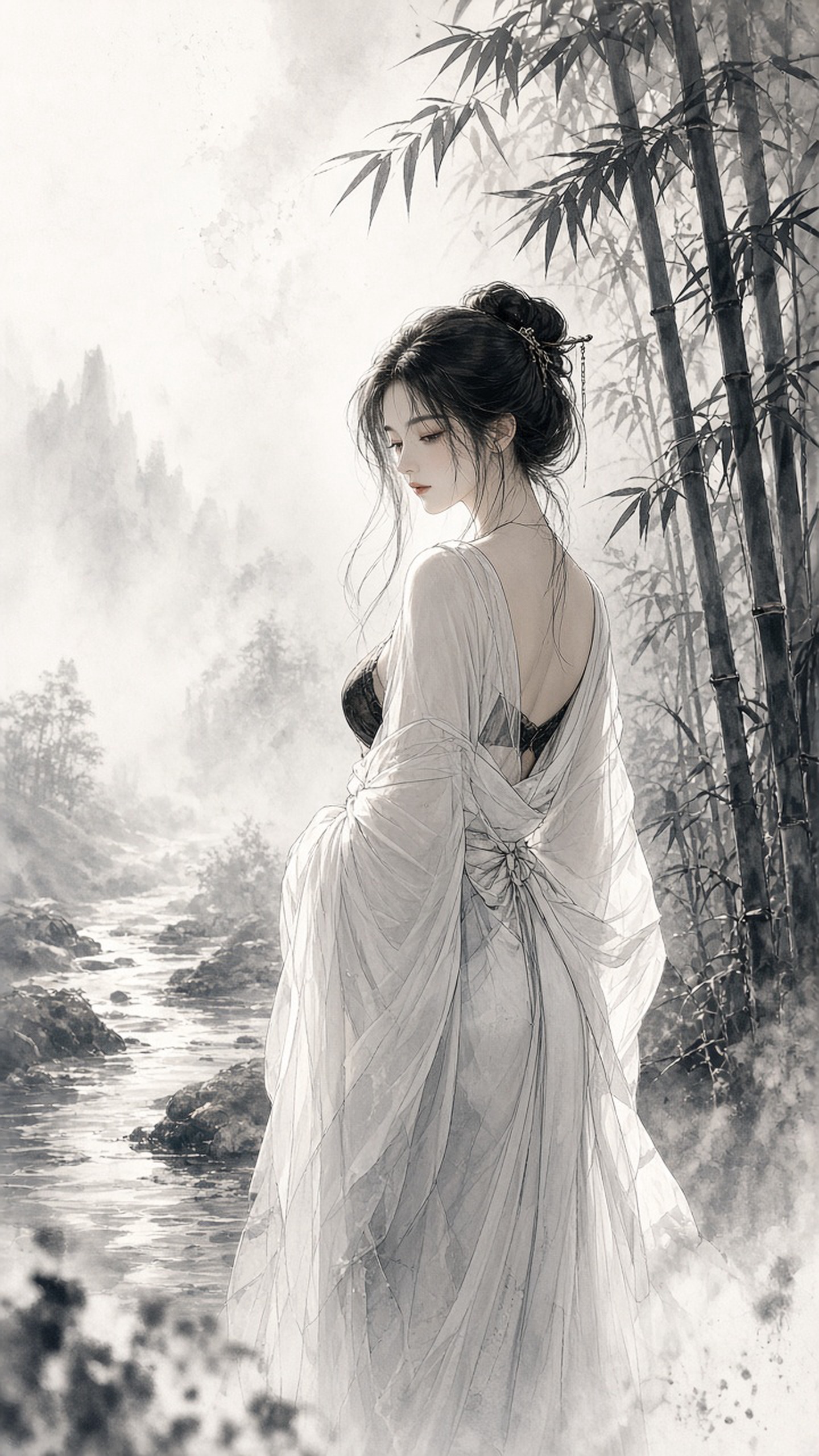 [人像寫真 · 東方古風] 古典东方水墨工笔美学，一位身着素白汉服的女子立于竹林溪畔，晨雾缭绕，柔和侧逆光勾…
