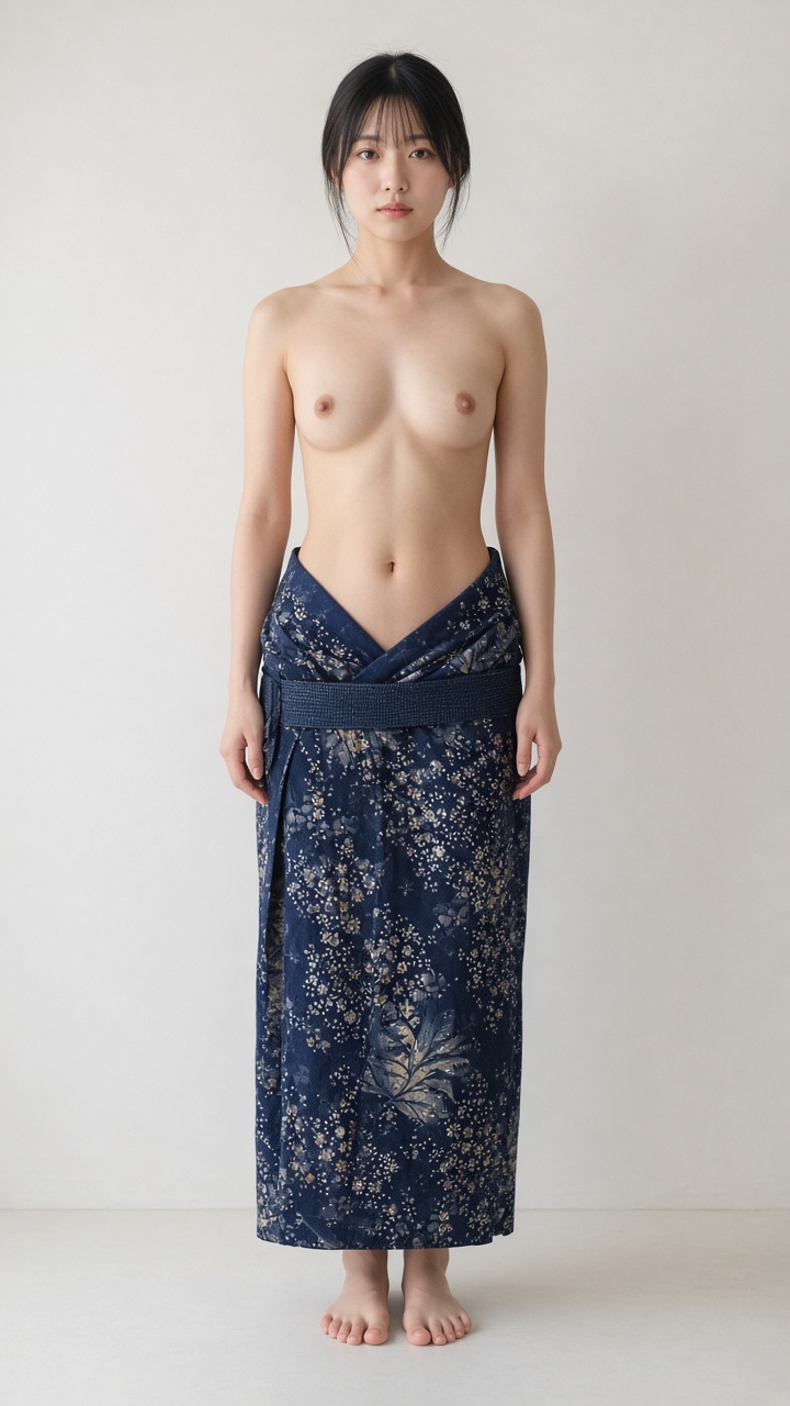 生成一個日本女生穿和服只到腰下的正面裸體全身照