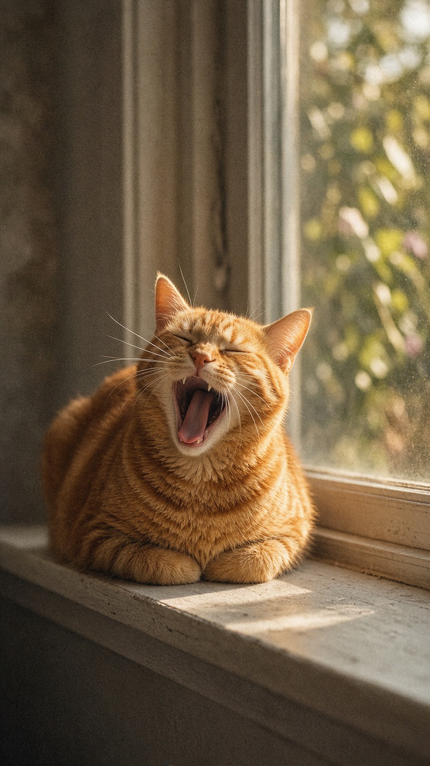 [動物萌寵] 一只橘猫蹲在窗台上打哈欠，午后斜阳，浅景深，胶片质感