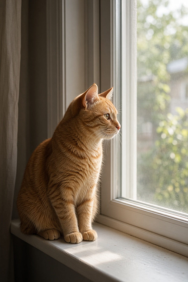 [動物萌寵] 一只橘猫坐在窗边，清晨自然光，写实摄影