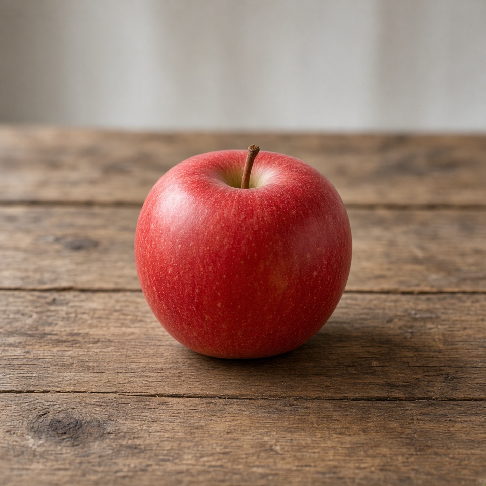 a single red apple on a wooden table, so…