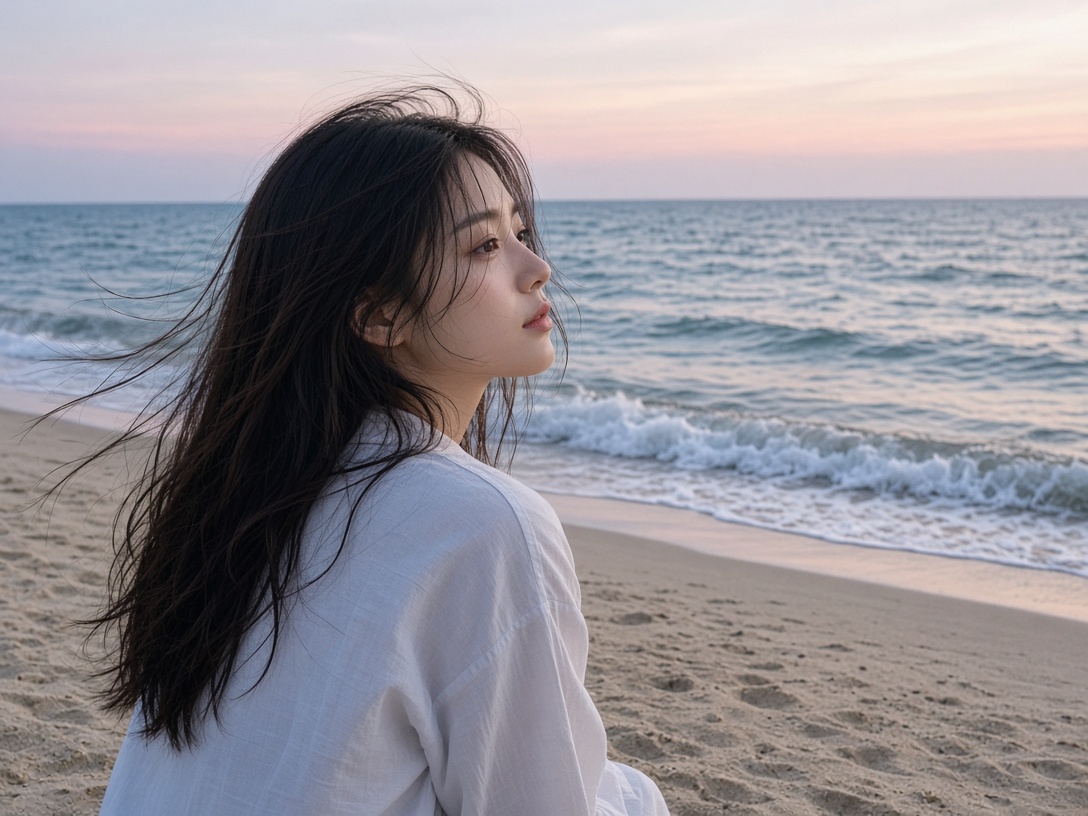 一个年轻女人坐在海边沙滩上，海风吹拂头发，远处是蓝色大海和白色浪花，黄昏柔和光线…