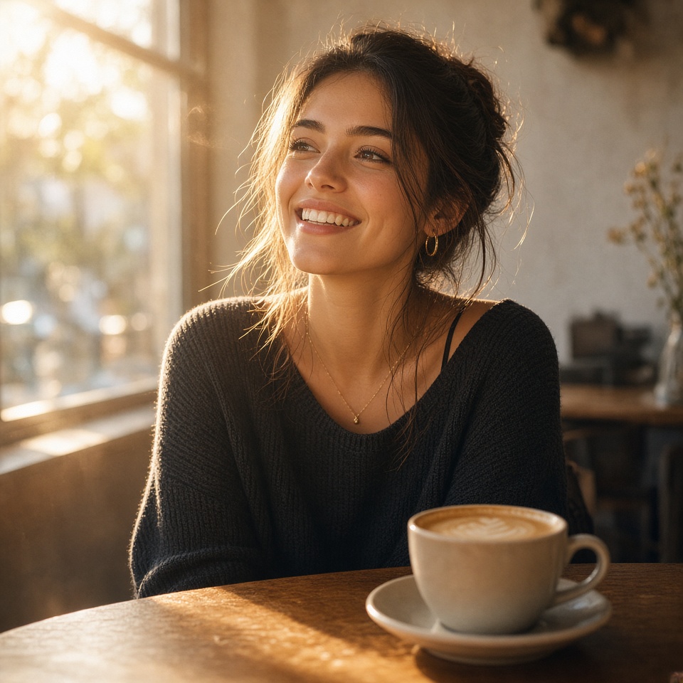 beautiful young woman in a sunlit cafe,…