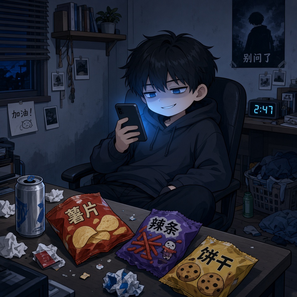 深夜的房间里，一个二十岁左右的短发男生懒散地靠在椅背上，一只手举着手机在打字，嘴…