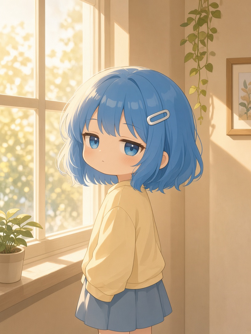 [Anime & ACG] 蓝头发蓝眼睛的Q版小女孩，银色U形发夹，圆脸，站在午后的窗边侧身回头，逆光勾边，…