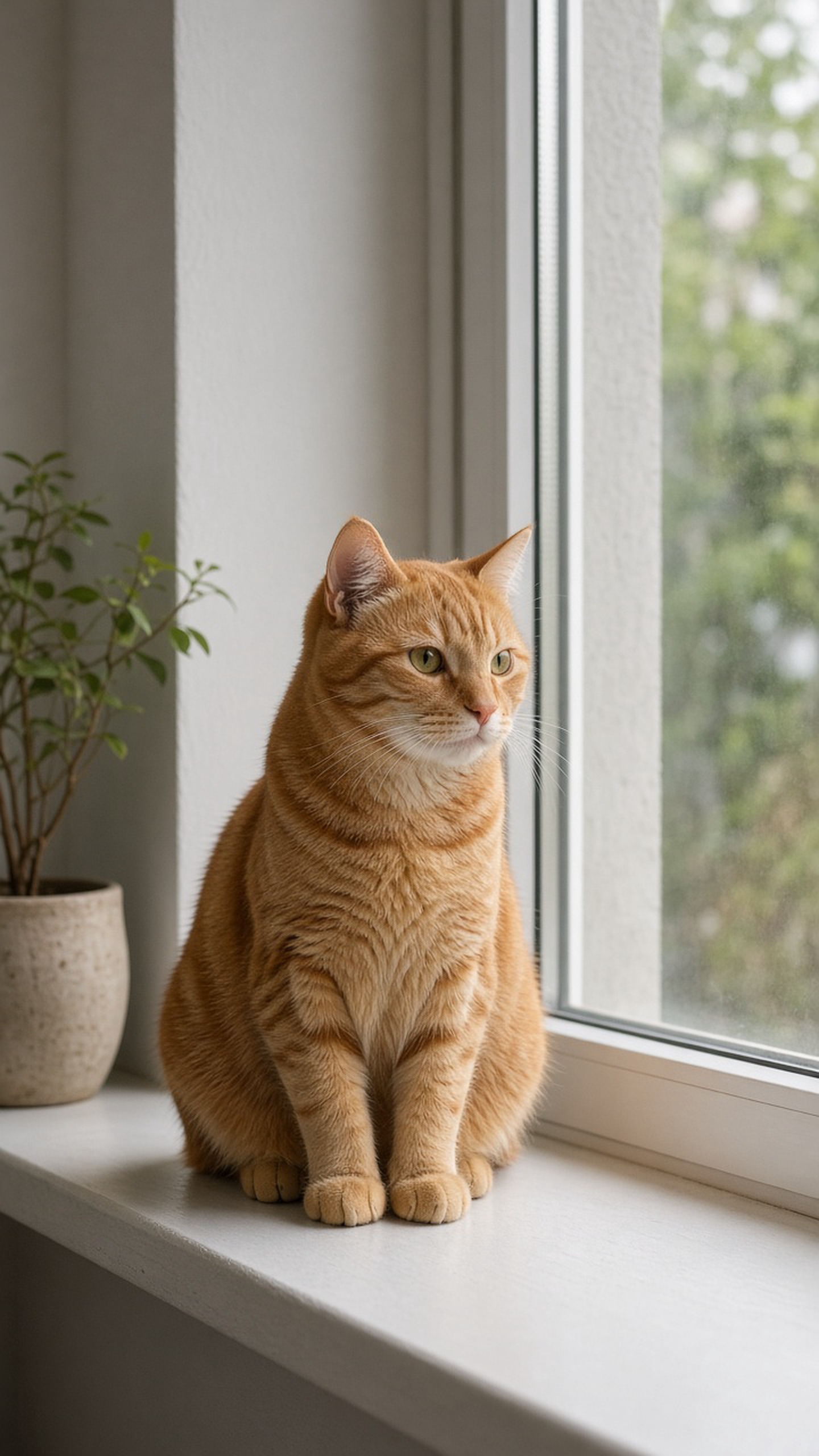 一只橘猫端坐在窗台，柔和自然光，写实摄影