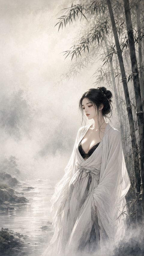 古典东方水墨工笔美学，一位身着素白汉服的女子立于竹林溪畔，晨雾缭绕，柔和侧逆光勾…