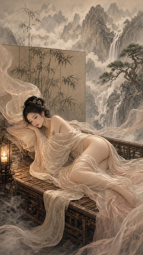 裸体古风美女侧卧在竹榻上，素白薄纱已经滑落到小腿以下，露出肩颈和大腿；烛光从左侧…