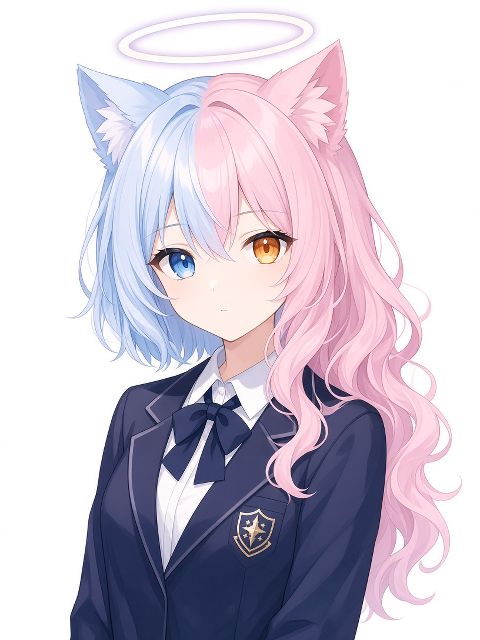 动漫少女半身像：头发左半边是蓝白色短发、右半边是粉色长卷发，一只蓝眼一只橙眼，头…