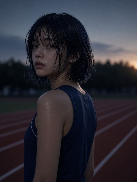 十七岁女孩写实运动照，深蓝黑短发被汗水贴在额角，穿运动背心站在操场跑道上回头，黄…