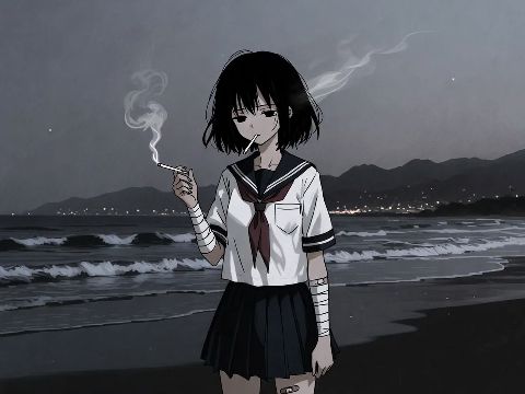 在阴沉昏暗的夜间海滩上，一名留着短黑发的少女赤脚站在海岸边。她身穿白色水手服校服…
