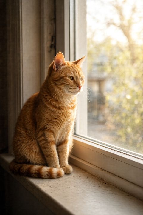 一只橘猫坐在窗台上，清晨自然光，写实摄影