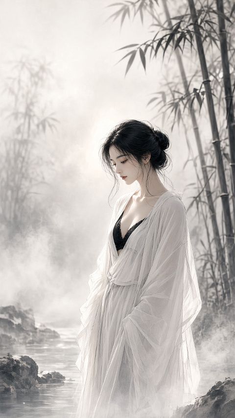 古典东方水墨工笔美学，一位身着素白汉服的女子立于竹林溪畔，晨雾缭绕，柔和侧逆光勾…