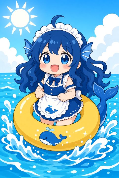 角色设定（严格遵守）：DeepSeek娘＝深蓝色长卷发、蓝色大眼睛、脸颊腮红、白…