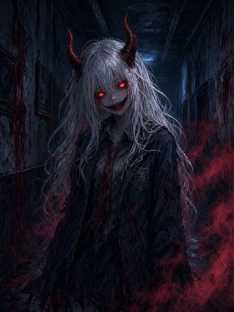 恐怖黑化版动漫少女：白色长发凌乱垂下，头顶红色犄角，眼睛发出血红光，脸上带诡异的…