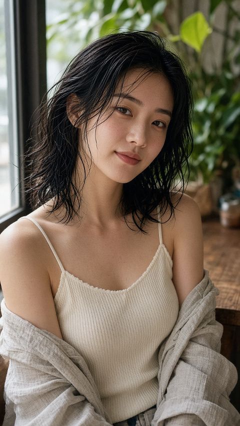 一位25岁的中国女生的写实人像摄影，夏日午后靠窗的咖啡馆，穿米白色细针织吊带与浅…