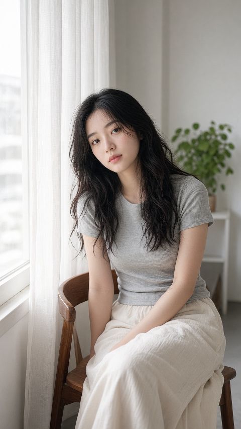 一位22岁的东亚年轻女性，坐在靠窗的木椅上，清晨柔和自然光透过白色纱帘漫射进来，…