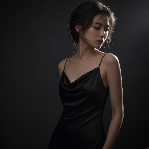 elegant asian woman in a black silk dres…