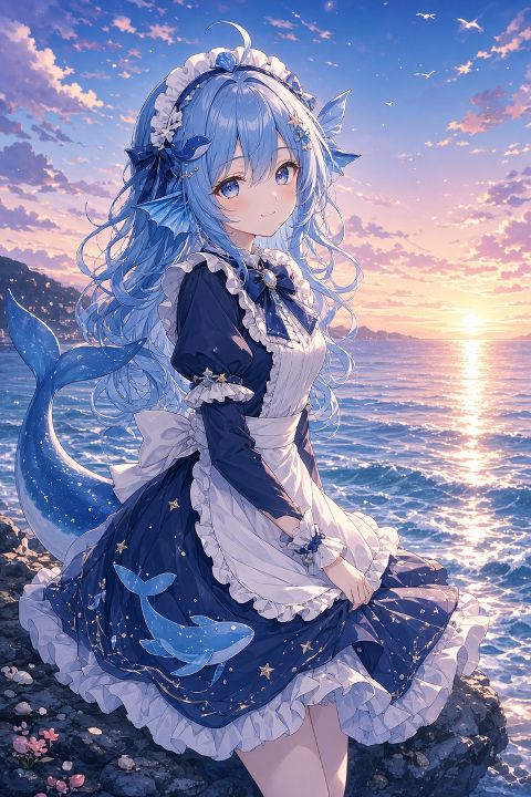 blue-haired whale girl in maid dress, se…