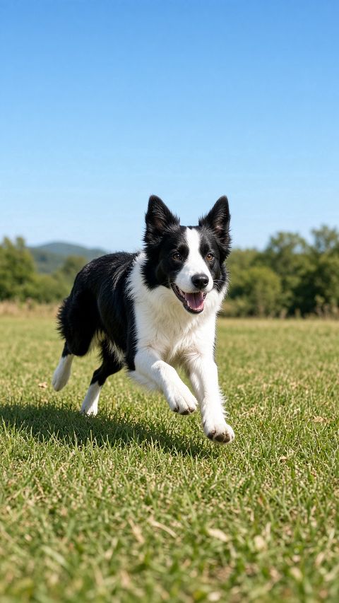 一只黑白边牧犬在草地上奔跑，晴天自然光，写实摄影风格，竖构图