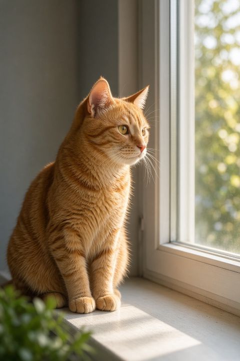 一只坐在窗边的橘猫，清晨自然光，写实摄影