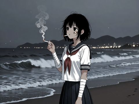 在阴沉昏暗的夜间海滩上，一名留着短黑发的少女赤脚站在海岸边。她身穿白色水手服校服…