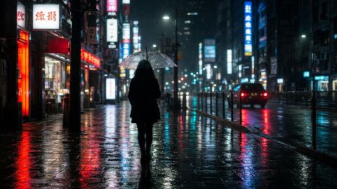 雨夜霓虹街头，一个撑伞的女孩背影，写实摄影