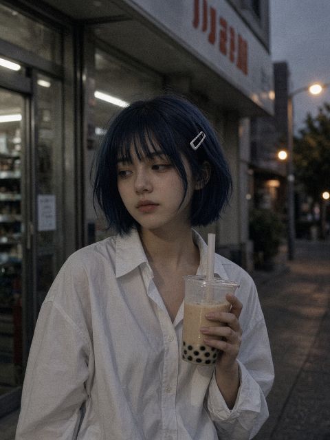 十七岁女孩写实生活照，深蓝黑色短发，银色U形发夹，圆脸，穿宽松白衬衫站在便利店门…