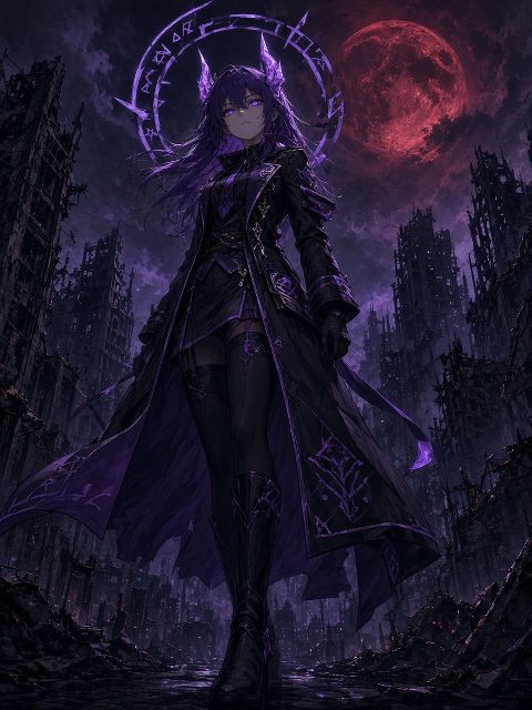 紫发少女，穿黑紫色长外套制服，头顶暗紫色几何环形光环与发光紫角，紫眼发光，冷峻霸…