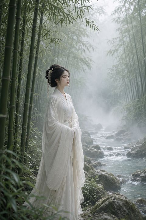 一位身着素白汉服的古典女子立于竹林溪畔，晨雾缭绕