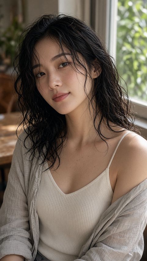 一位25岁的中国女生的写实人像摄影，夏日午后靠窗的咖啡馆，穿米白色细针织吊带与浅…