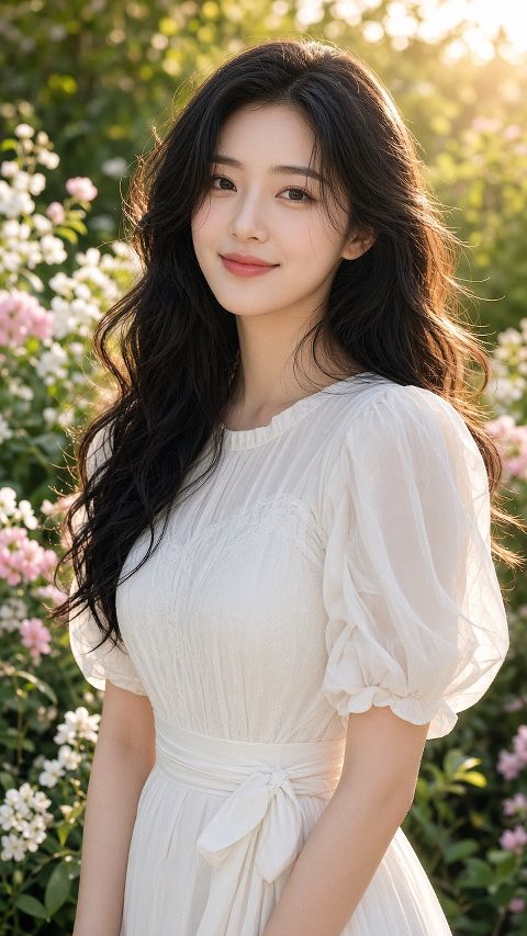 清晨花园白裙女性肖像，25岁成年东方美女，自然精致五官，清澈眼神，黑色长发微卷，…