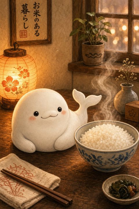 一团圆滚滚的白鲸，长得像个刚捏好的饭团，圆肚子、小眼睛、尾巴翘着；旁边一碗冒热气…