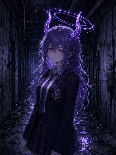 紫发少女，头顶发光紫色犄角和光环，紫眼睛，深紫制服，阴暗走廊，冷光，动漫插画风
