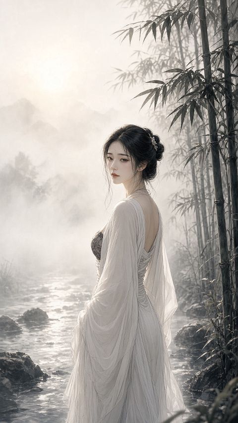 古典东方水墨工笔美学，一位身着素白汉服的女子立于竹林溪畔，晨雾缭绕，柔和侧逆光勾…