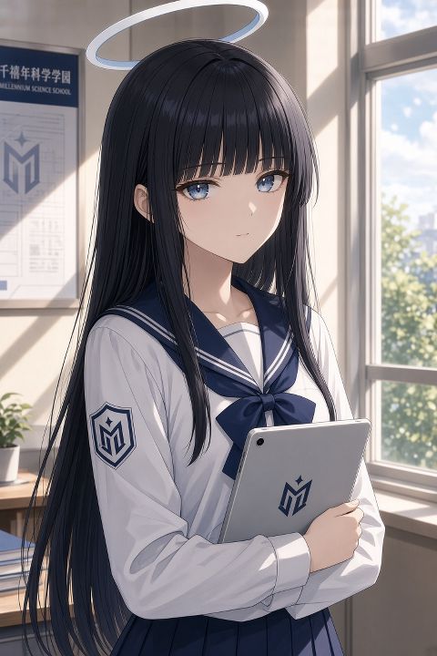 蔚蓝档案的优香，黑色长直发齐刘海、蓝色眼睛，千禧年科学学园白色水手风制服配深蓝领…
