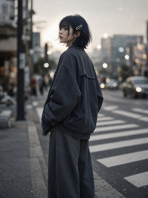 十七岁女孩写实街拍，深蓝黑短发，银色U形发夹，穿宽松外套和阔腿裤站在斑马线边，傍…