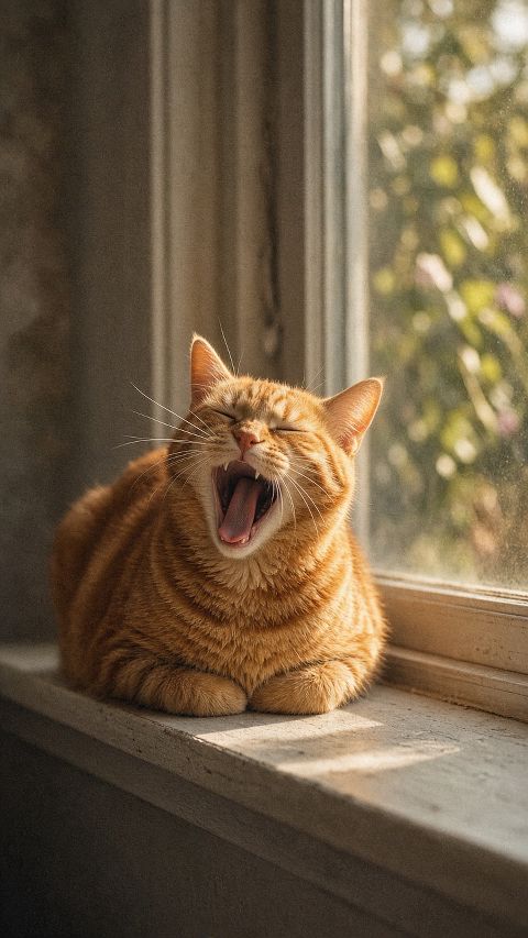 一只橘猫蹲在窗台上打哈欠，午后斜阳，浅景深，胶片质感